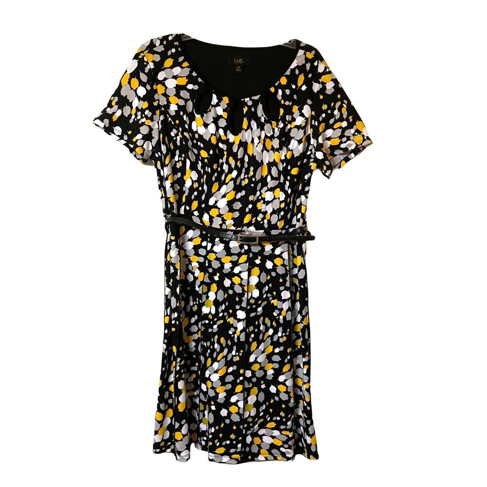 ILE New York Womens Dress 14 Floral Short Sleeve Belted Keyhole Neck Stretch